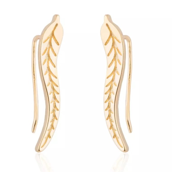 Gold Feather Leaf Earrings - Picture 2 of 3